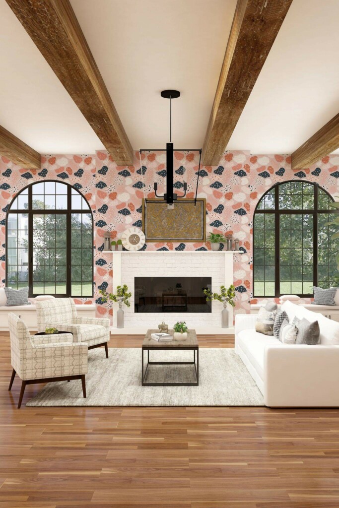 Light farmhouse style living room decorated with Pink nursery terrazzo peel and stick wallpaper