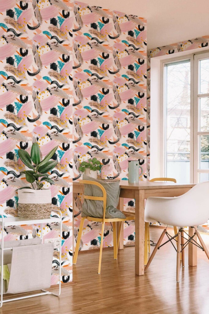 Minimal scandinavian style dining room decorated with Pink paint stroke peel and stick wallpaper