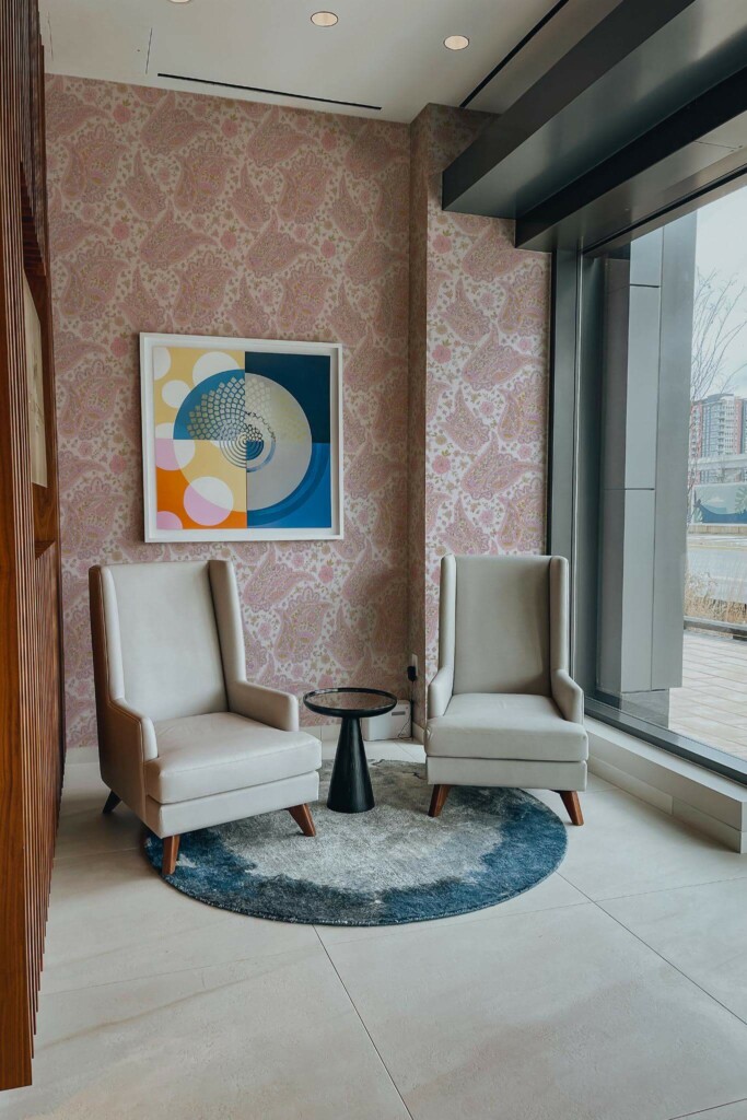 Mid-century-modern style living room decorated with Pink paisley peel and stick wallpaper