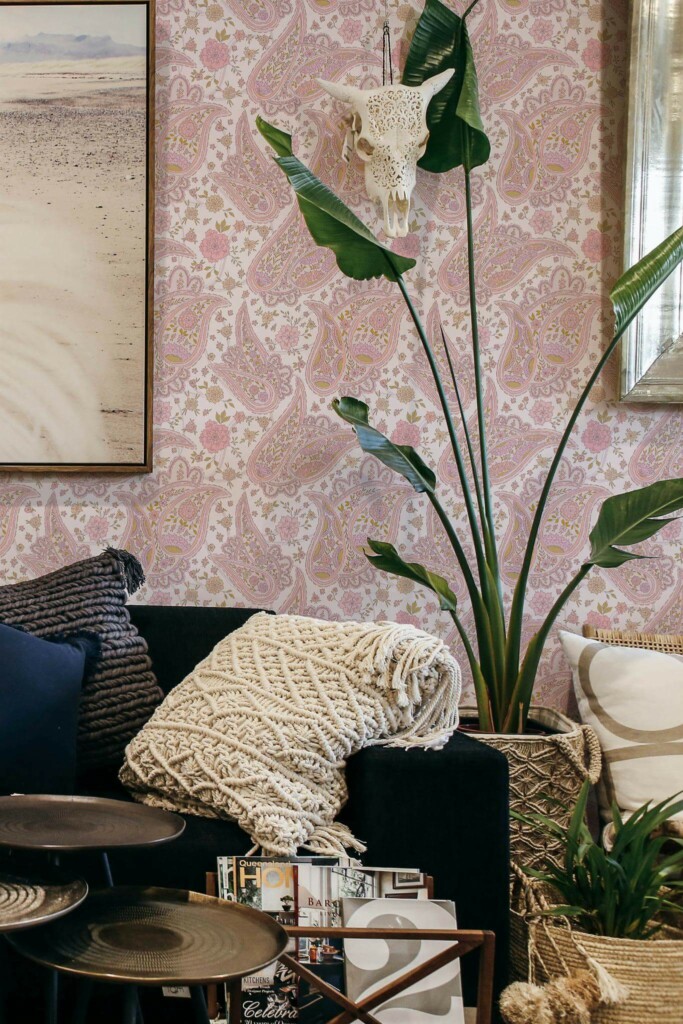 Scandinavian style living room decorated with Pink paisley peel and stick wallpaper