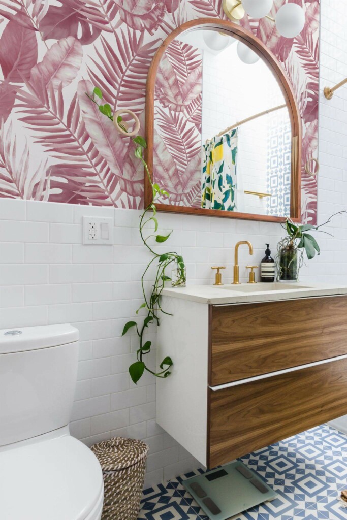 Boho scandinavian style powder room decorated with Pink palm peel and stick wallpaper