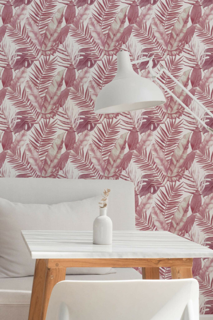 Minimal style dining room decorated with Pink palm peel and stick wallpaper