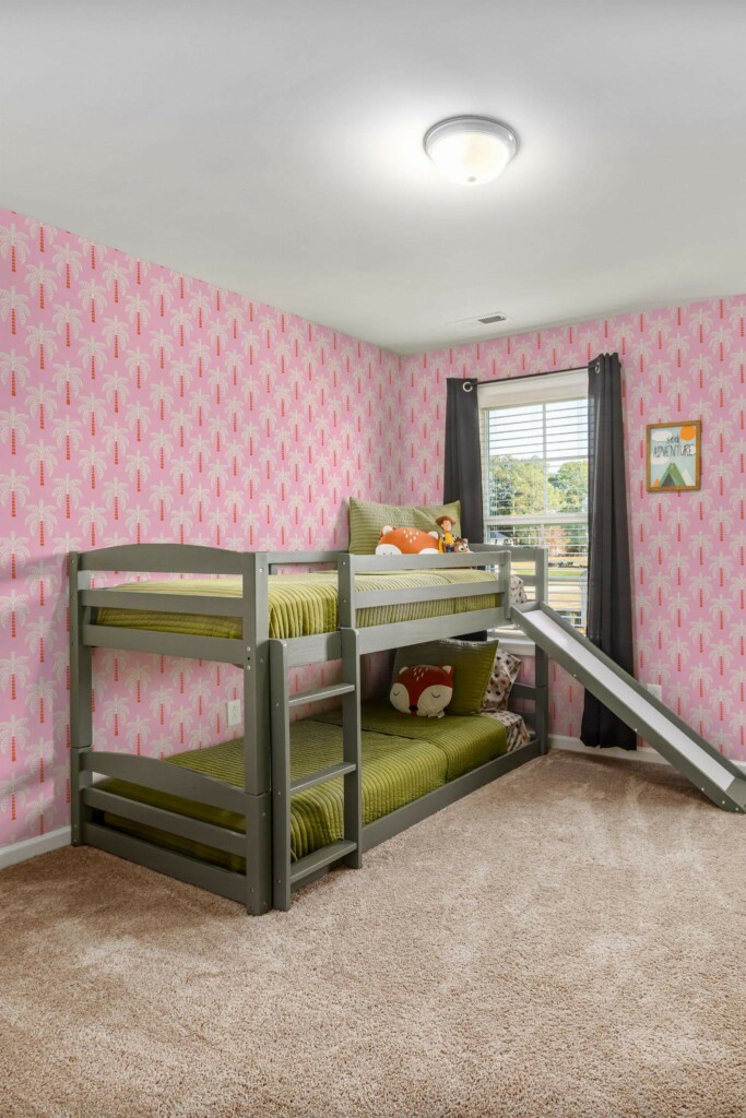 MId-century modern style kids room decorated with Pink palm tree peel and stick wallpaper