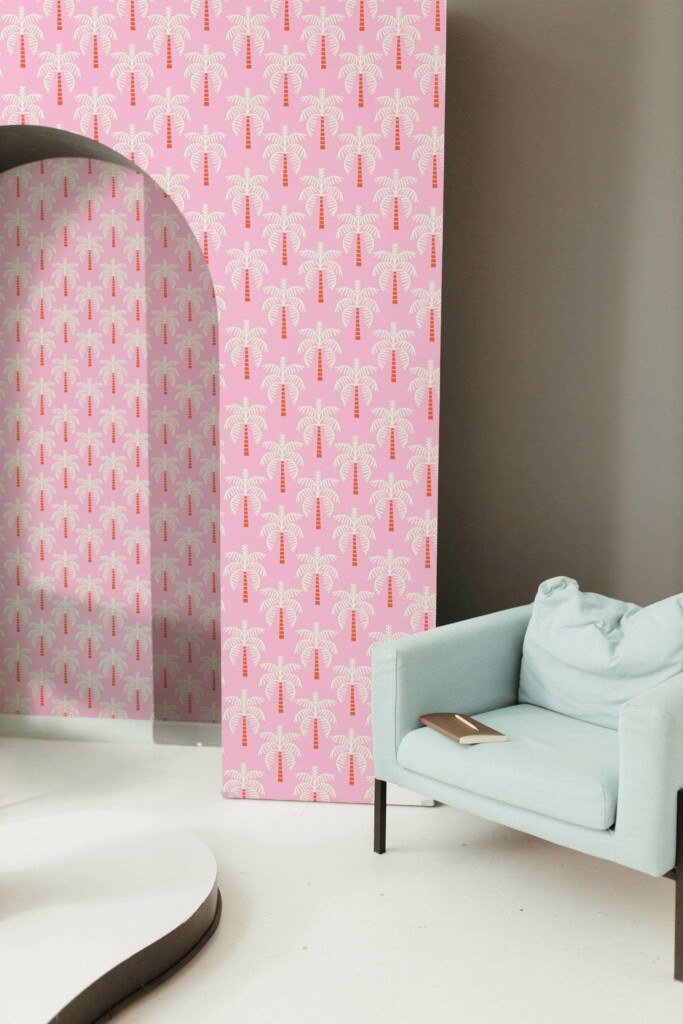 Mondern boho style living room decorated with Pink palm tree peel and stick wallpaper