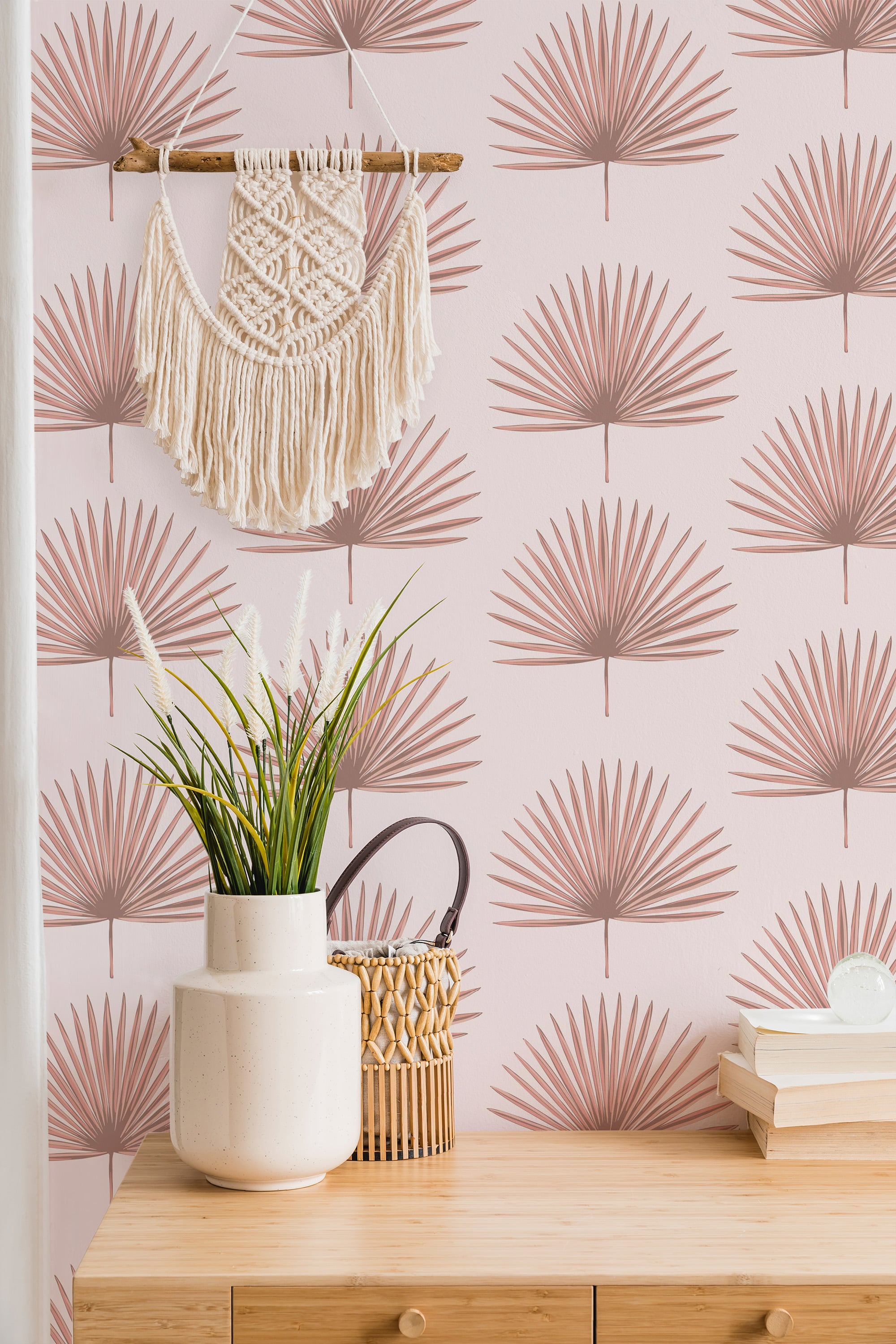 Wallpaper Palm Leaves Peel and Stick Removable or Traditional  Etsy   Wallpaper living room Room wallpaper Pink wallpaper bedroom