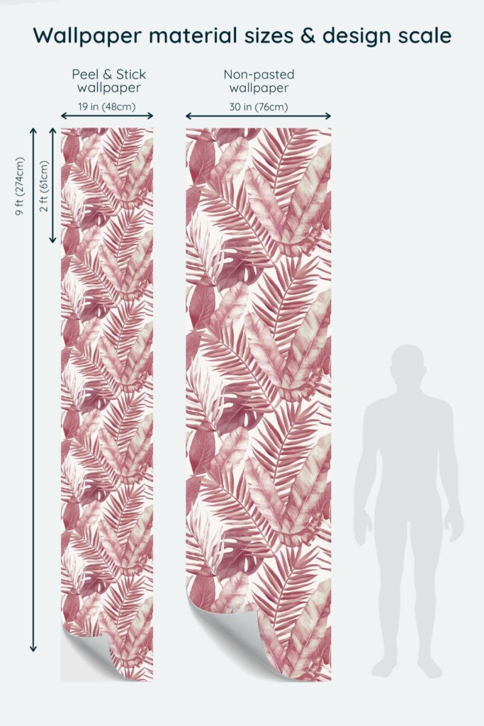Size comparison of Pink palm Peel & Stick and Non-pasted wallpapers with design scale relative to human figure