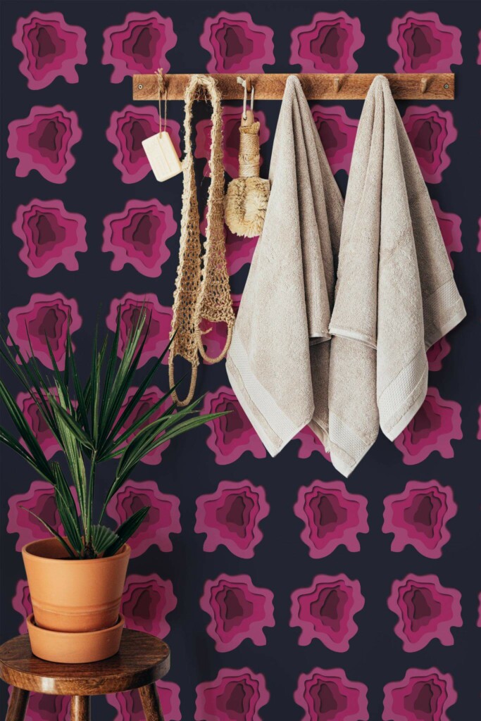 Boho style bathroom decorated with Pink paper peel and stick wallpaper