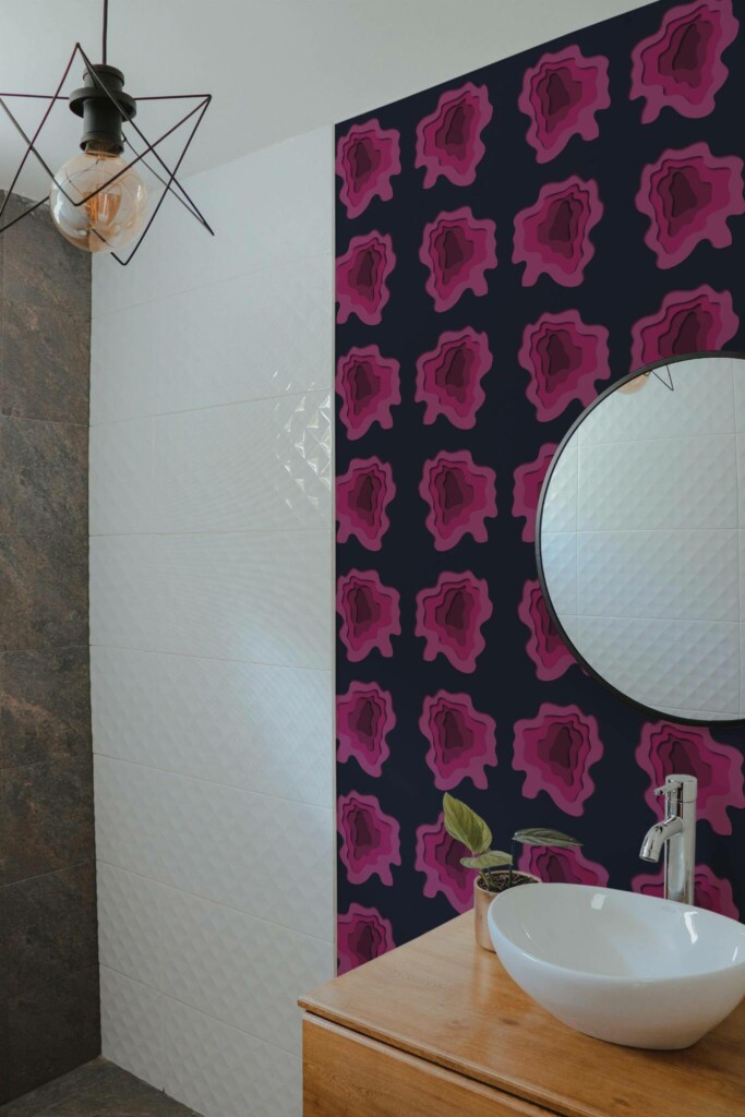 Modern style bathroom decorated with Pink paper peel and stick wallpaper