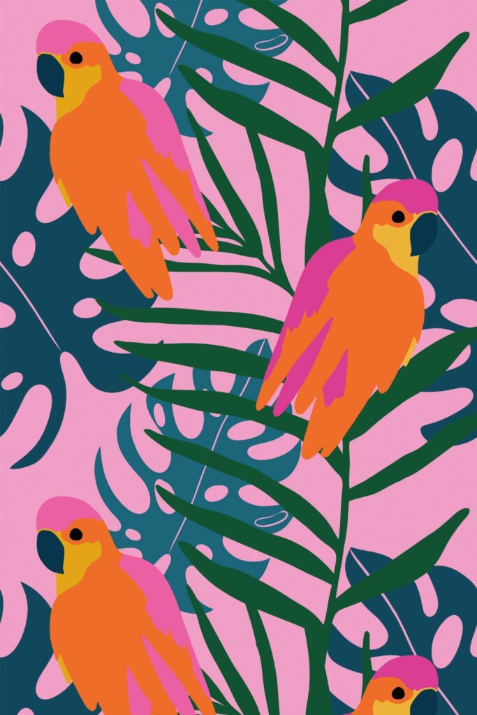 Pattern repeat of Pink Parrots removable wallpaper design
