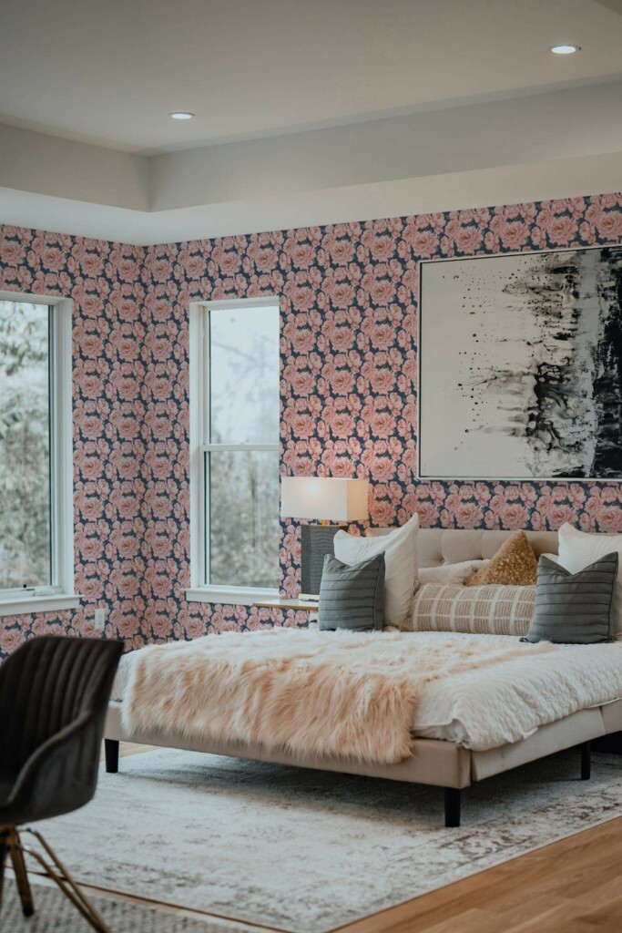 Luxury modern style bedroom decorated with Pink peony peel and stick wallpaper