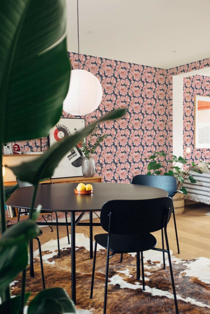 Scandinavian style dining room decorated with Pink peony peel and stick wallpaper