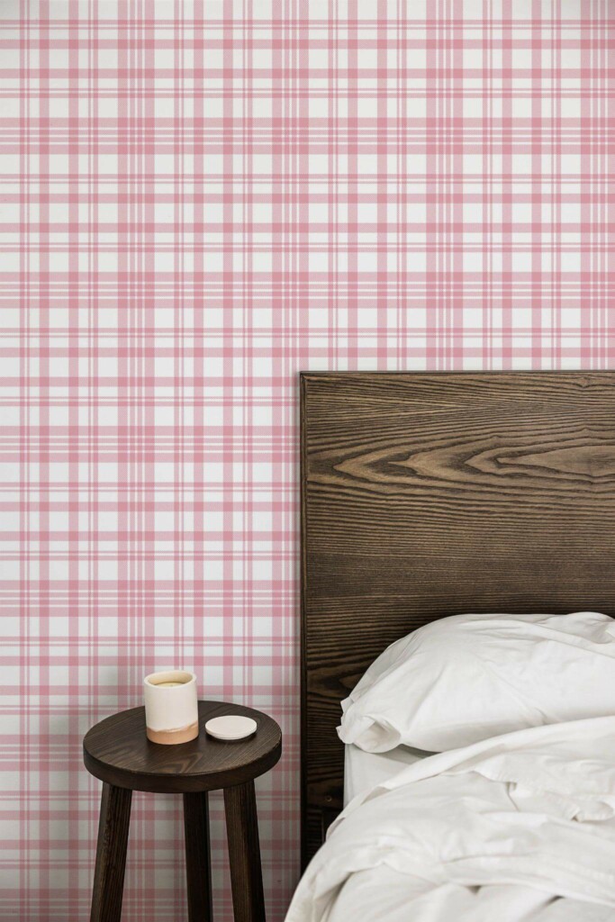 Farmhouse style bedroom decorated with PInk plaid peel and stick wallpaper