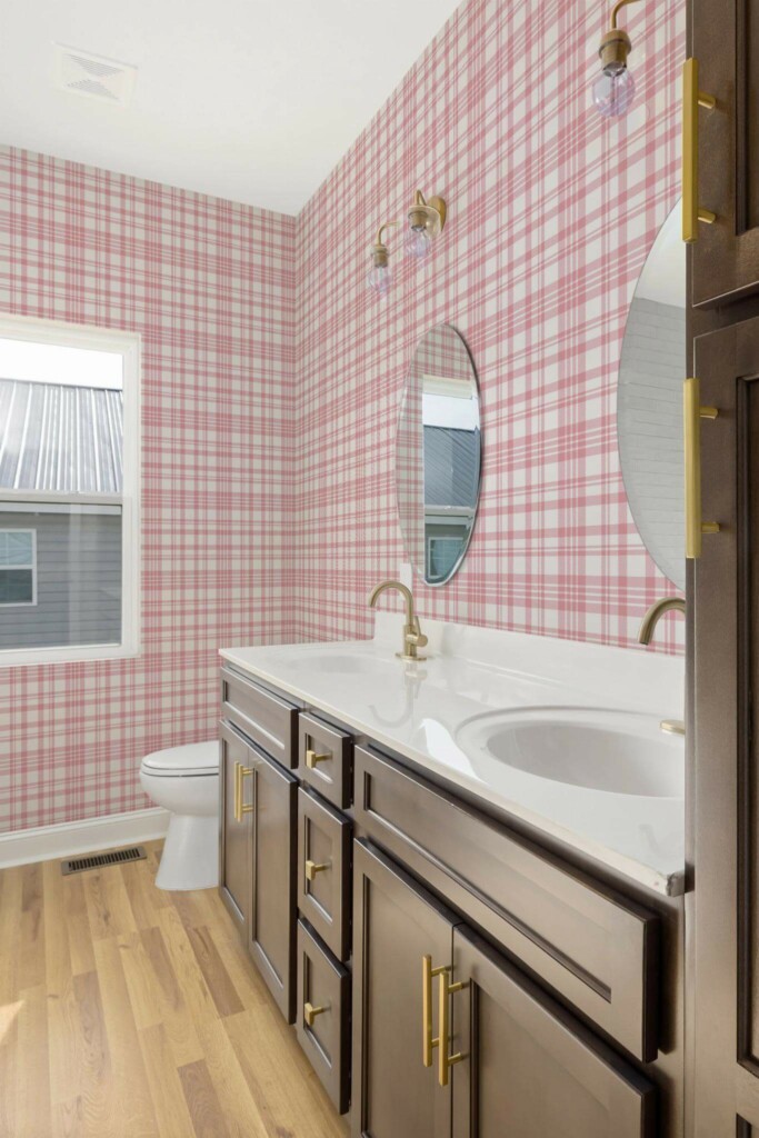 Modern rustic style powder room decorated with PInk plaid peel and stick wallpaper