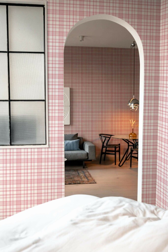 Modern scandinavian style living room decorated with PInk plaid peel and stick wallpaper