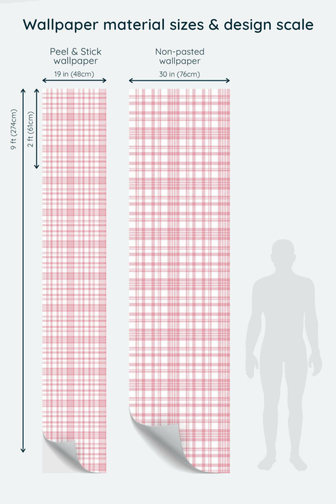 Size comparison of Pink plaid Peel & Stick and Non-pasted wallpapers with design scale relative to human figure