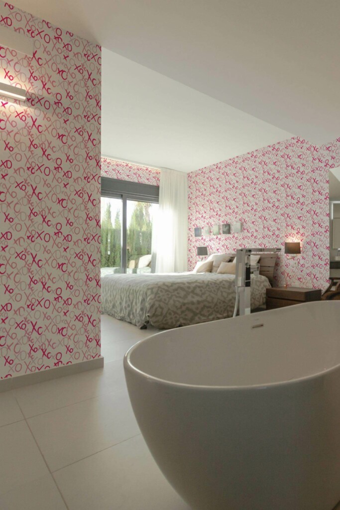 Modern style bedroom with open bathroom decorated with Pink preppy peel and stick wallpaper