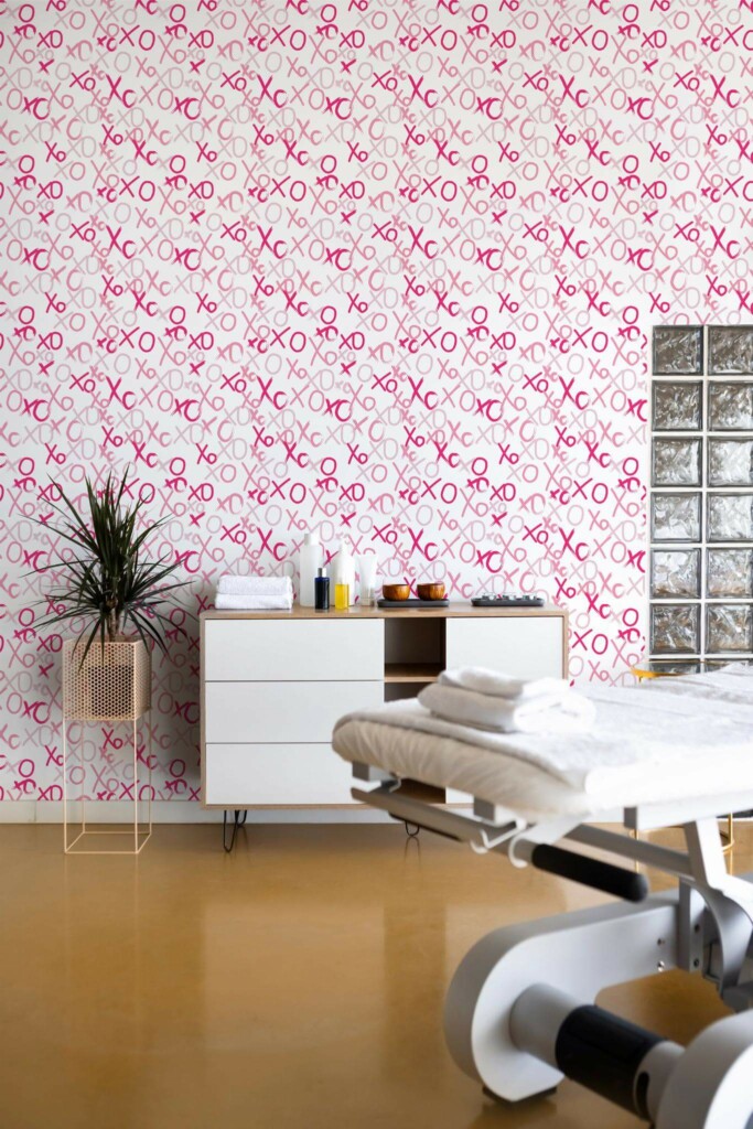 Scandinavian style beauty salon decorated with Pink preppy peel and stick wallpaper