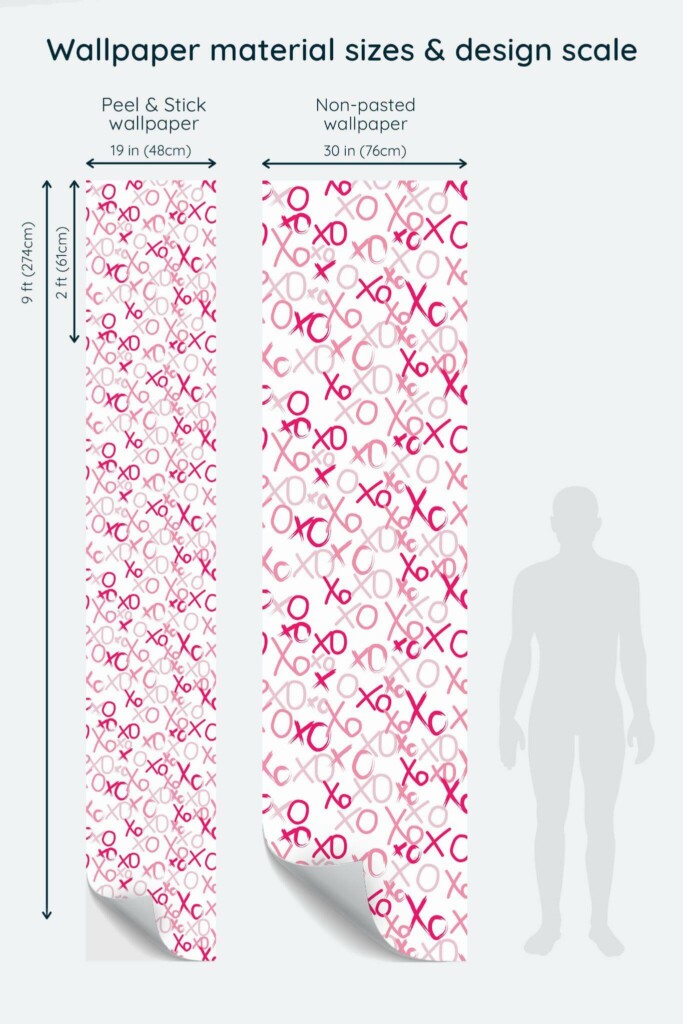 Size comparison of Pink preppy Peel & Stick and Non-pasted wallpapers with design scale relative to human figure