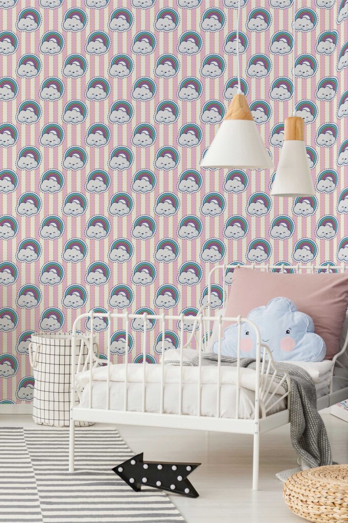 Fancy Walls Pink Rainbow wallpaper for Kids room walls in Cute Kawaii style peel and stick wallpaper.