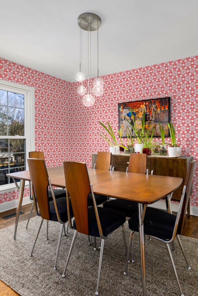 MId-century modern style dining room decorated with Pink retro floral peel and stick wallpaper