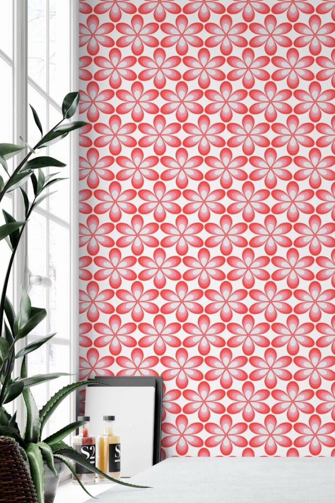 Minimal style home office decorated with Pink retro floral peel and stick wallpaper