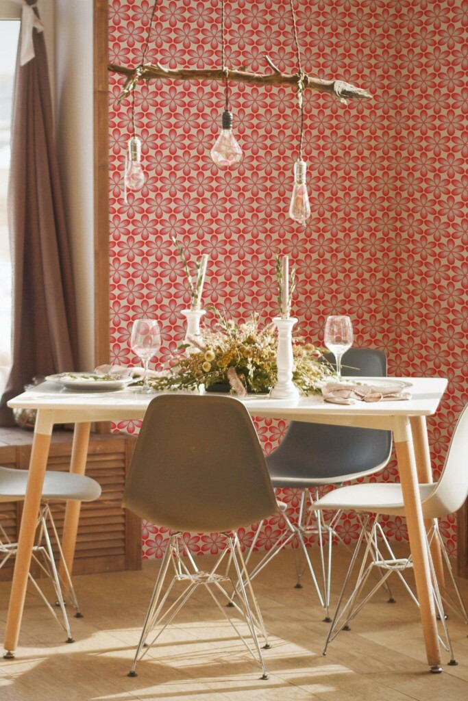 Modern boho style dining room decorated with Pink retro floral peel and stick wallpaper