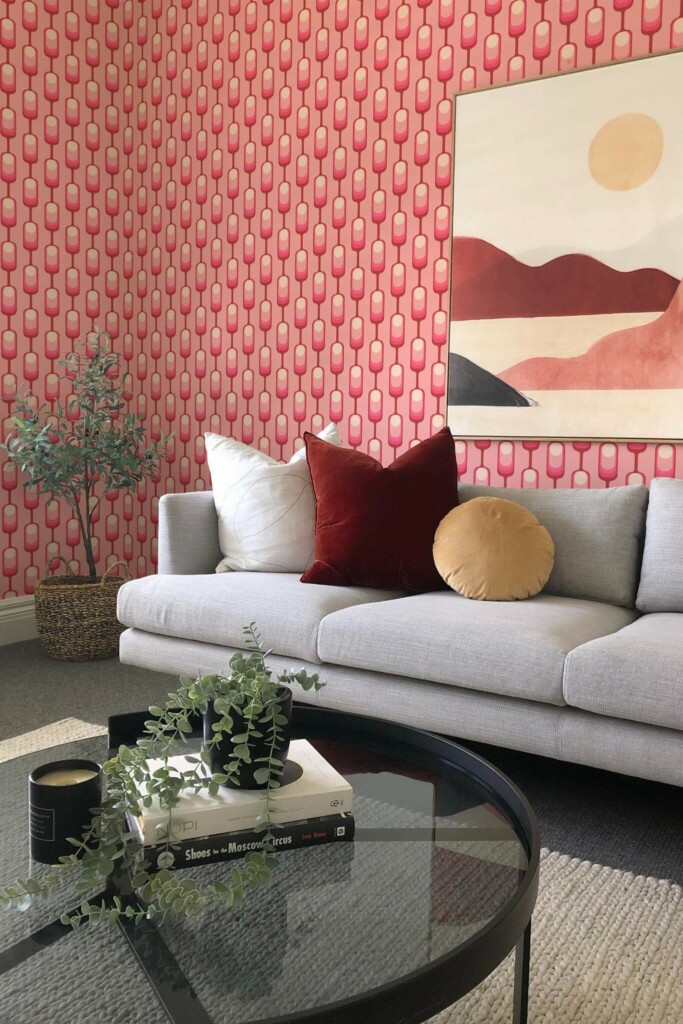 Boho style living room decorated with Pink retro pattern peel and stick wallpaper