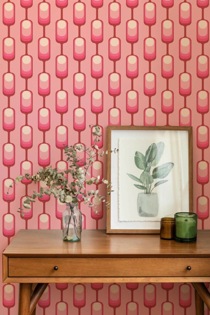 Mid-century modern style living room decorated with Pink retro pattern peel and stick wallpaper