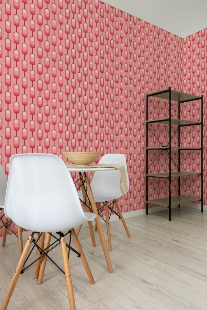 Minimalist style dining room decorated with Pink retro pattern peel and stick wallpaper