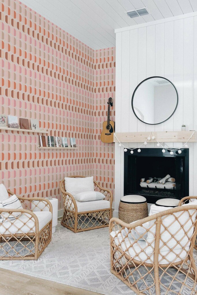 Minimal bohemian style living room decorated with Pink retro peel and stick wallpaper