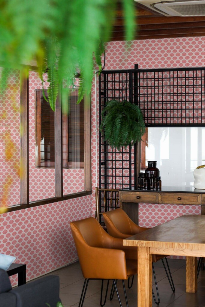 Mid-century modern style dining room decorated with Pink shell retro peel and stick wallpaper and black industrial accents