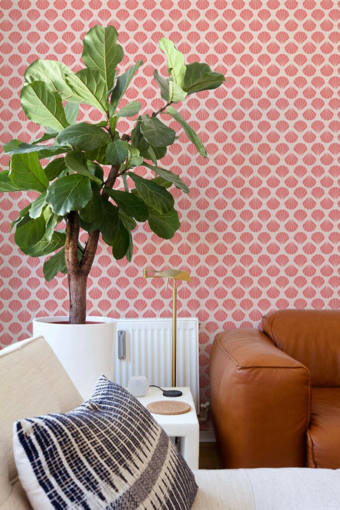 Mid-century style living room decorated with Pink shell retro peel and stick wallpaper