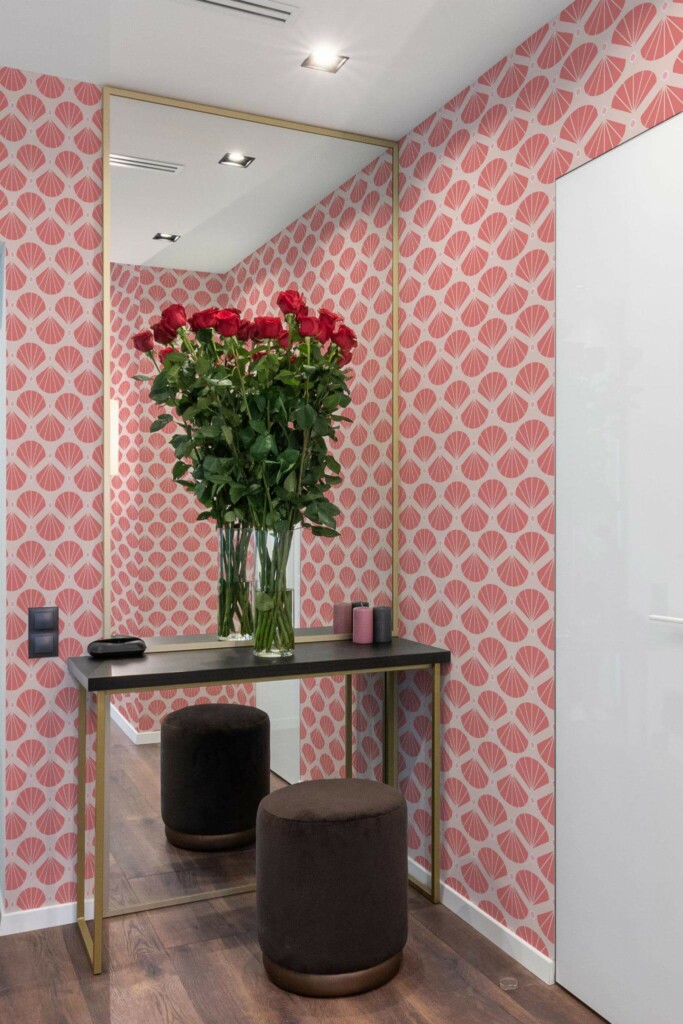 Minimal modern style powder room in a hallway decorated with Pink shell retro peel and stick wallpaper