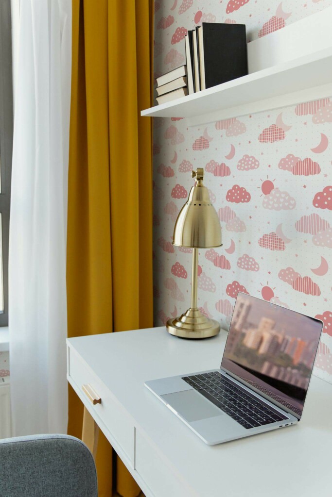Scandinavian style home office decorated with Pink sky peel and stick wallpaper