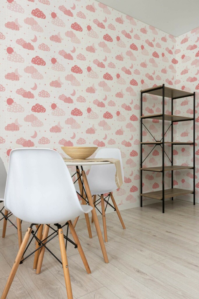 Minimalist style dining room decorated with Pink sky peel and stick wallpaper