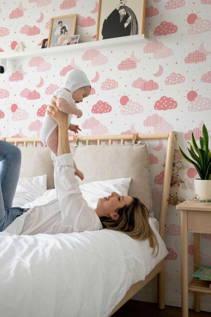 Neutral style nursery decorated with Pink sky peel and stick wallpaper