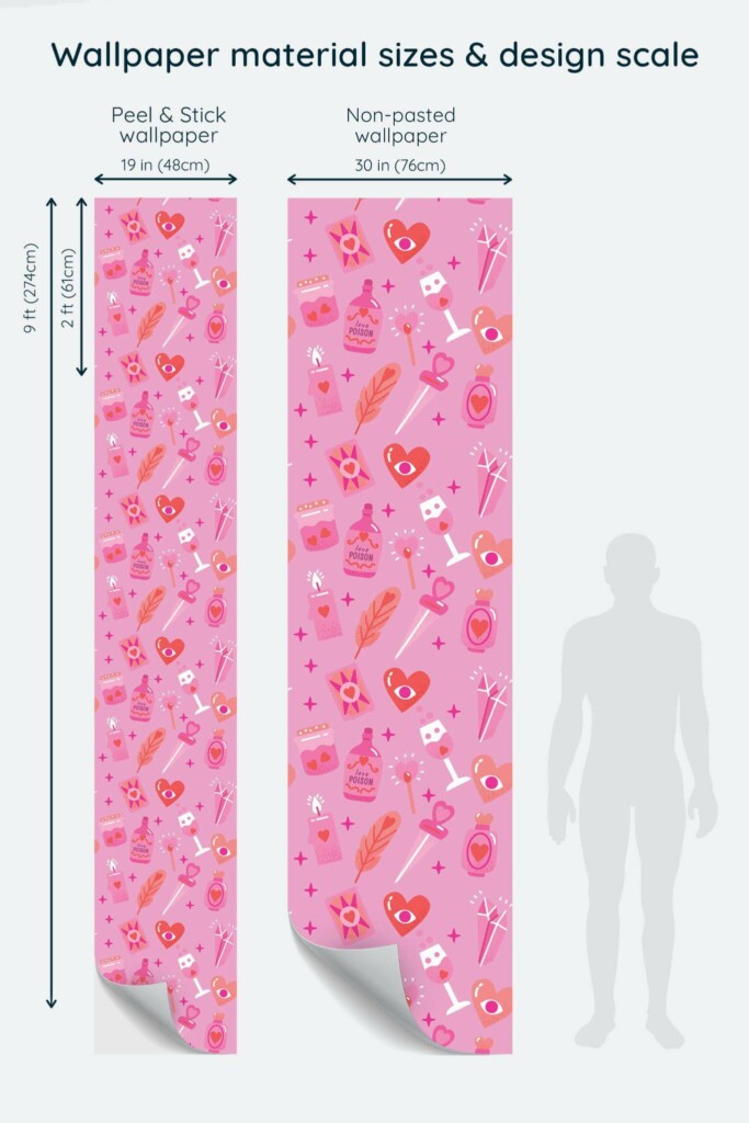 Size comparison of Pink Spellbound Peel & Stick and Non-pasted wallpapers with design scale relative to human figure
