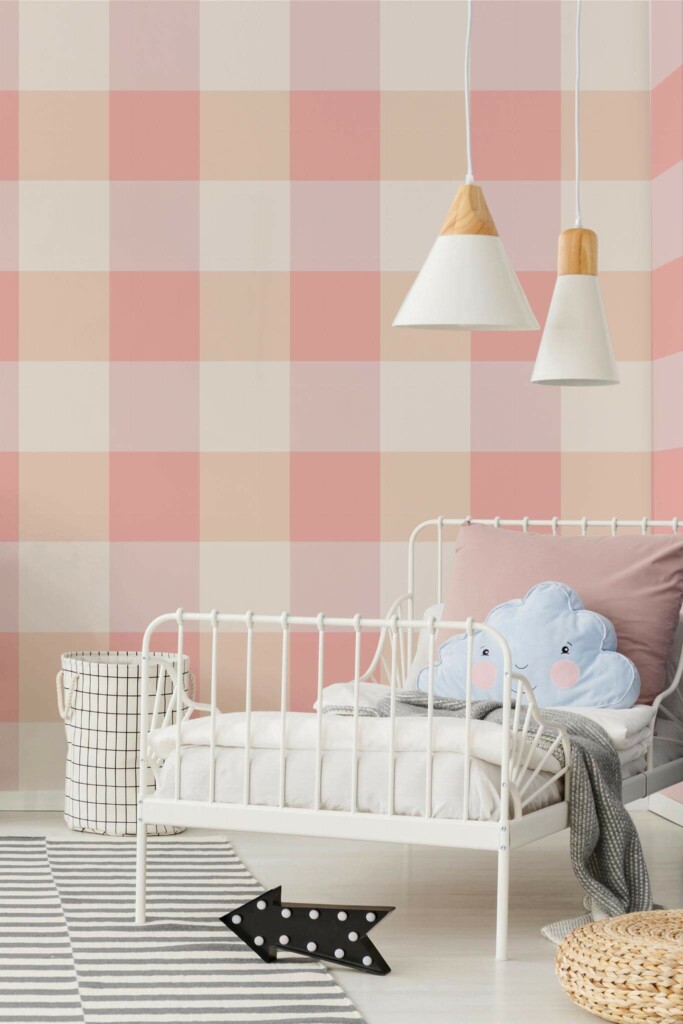 Bohemian style kids room decorated with Pink square peel and stick wallpaper