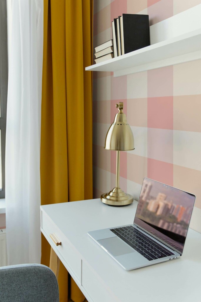 Scandinavian style home office decorated with Pink square peel and stick wallpaper