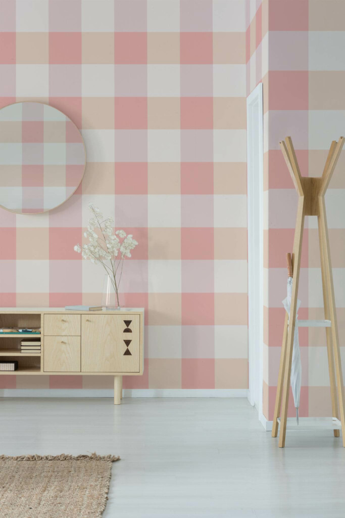 Minimal style entryway decorated with Pink square peel and stick wallpaper