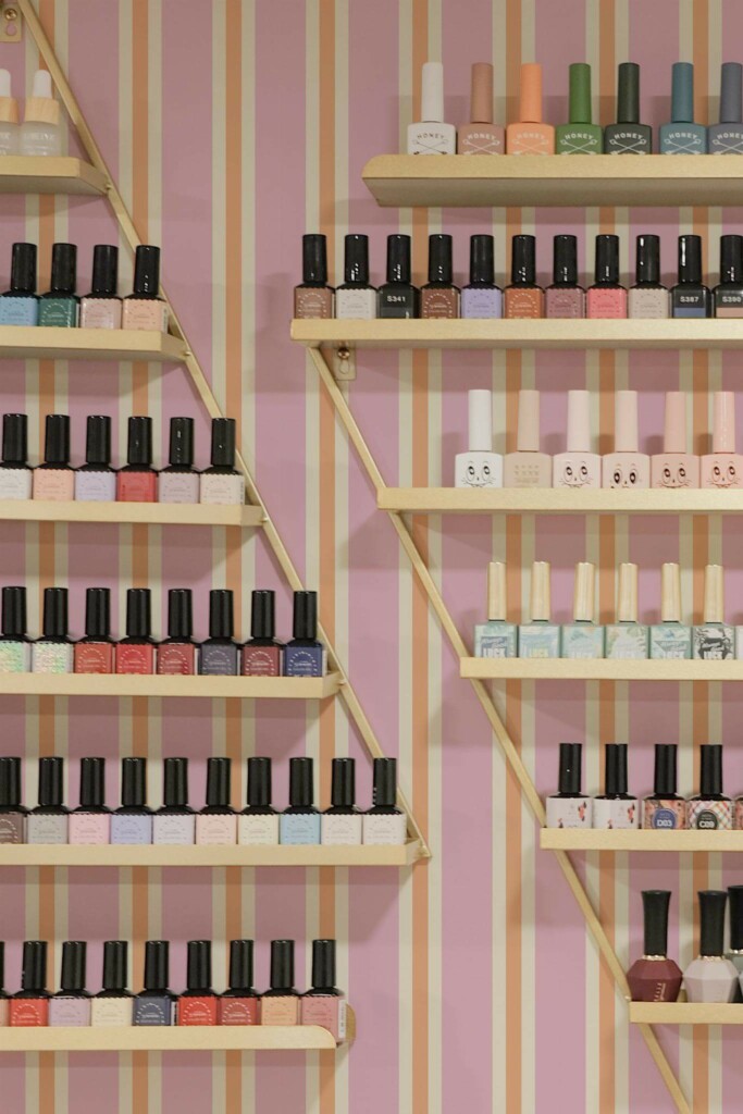 Scandinavian style beauty salon decorated with Pink striped beauty salon peel and stick wallpaper