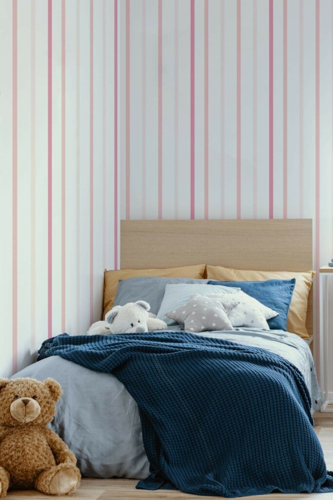 oastal style kids room decorated with Pink striped peel and stick wallpaper