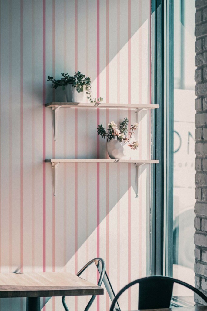 Industrial style cafe decorated with Pink striped peel and stick wallpaper