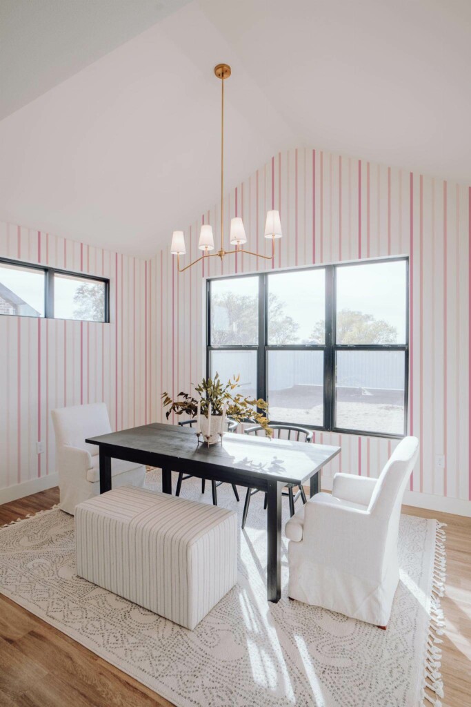 Elegant minimal style dining room decorated with Pink striped peel and stick wallpaper