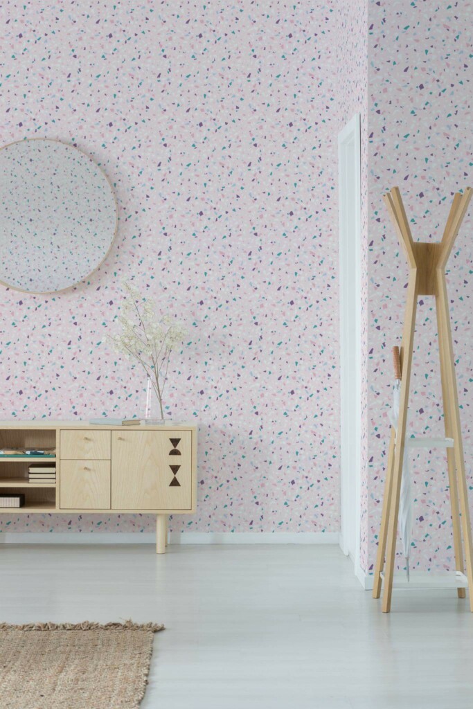 Minimal style entryway decorated with Pink terrazzo peel and stick wallpaper
