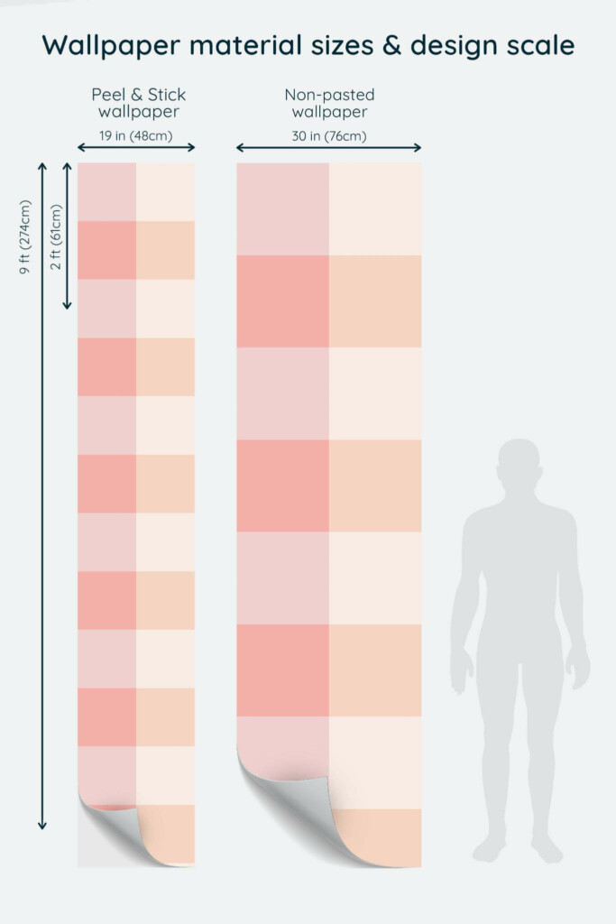 Size comparison of Pink tile Peel & Stick and Non-pasted wallpapers with design scale relative to human figure