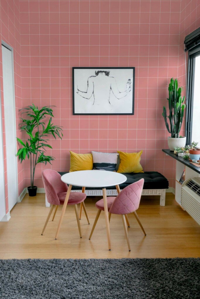Eclectic style living room decorated with Pink tiles peel and stick wallpaper