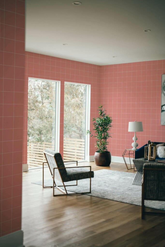 Modern style living room decorated with Pink tiles peel and stick wallpaper