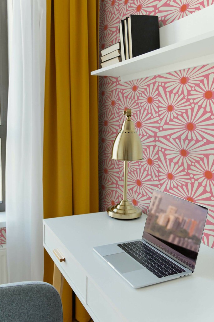 Scandinavian style home office decorated with Pink trending daisies peel and stick wallpaper