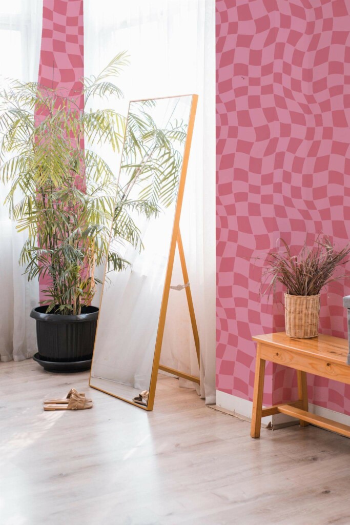 Boho style powder corner decorated with Pink trippy grid peel and stick wallpaper